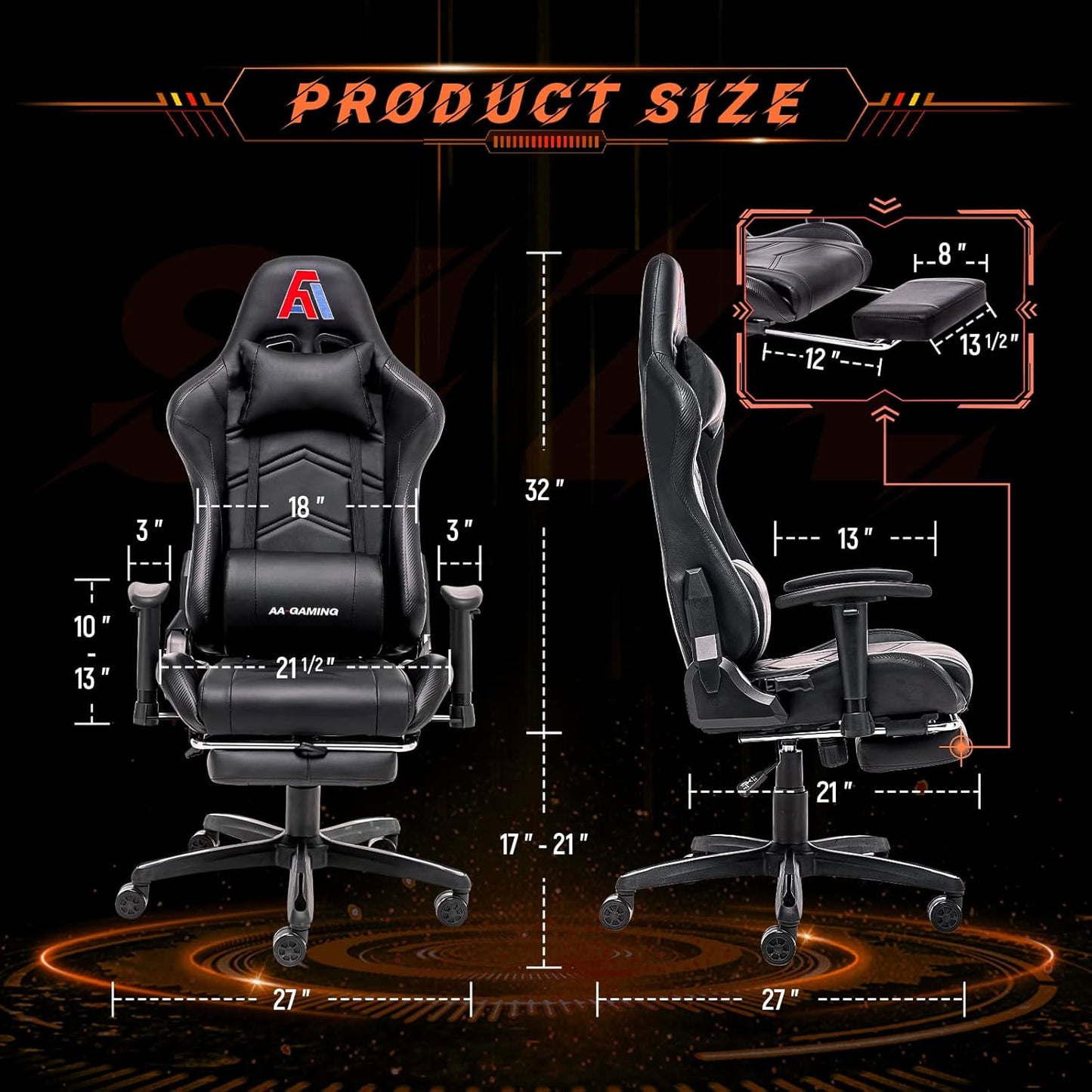 AA Products Gaming Chair Ergonomic High Back Computer Racing Chair Adjustable Office Chair with Footrest, Lumbar Support Swivel Chair - Black