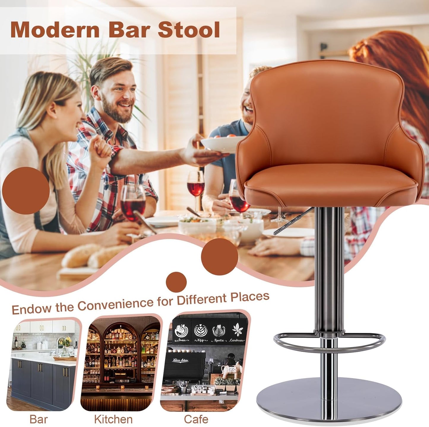 CozyRain Bar Stools Adjustable Stainless Steel Swivel Barstool with Back and Footrest,Modern Leather Upholstered Bar Chairs for Home,Kitchen,Bar, Counter Brown/Grey (Brown)