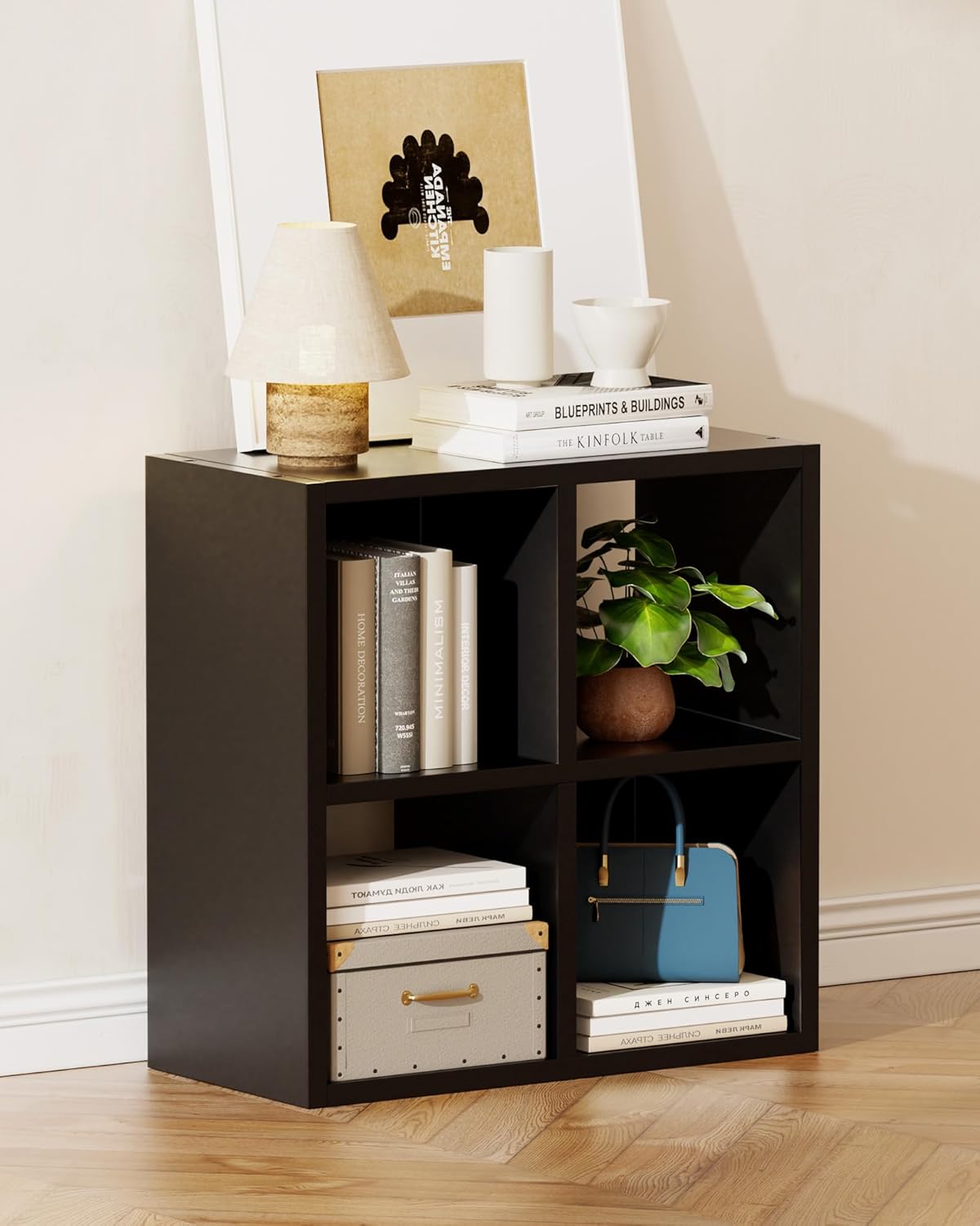 GTPLAYER 4-Cube Storage Organizer, Fits 11" Bins, Vertical or Horizontal Use, Opening Bookshelf, Partial Back Panels, Stackable Design Bookcase, for Desk, Vanity, Entryway, Black