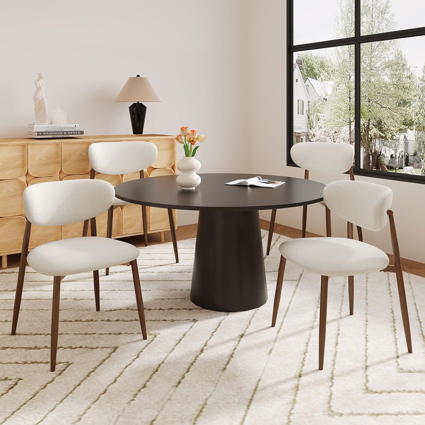 Dining Chairs Set of 4, Ergonomic Fabric Upholstered Seating with Wood Look Metal Legs and Anti Slip Pads, for Home and Restaurant Use, Beige