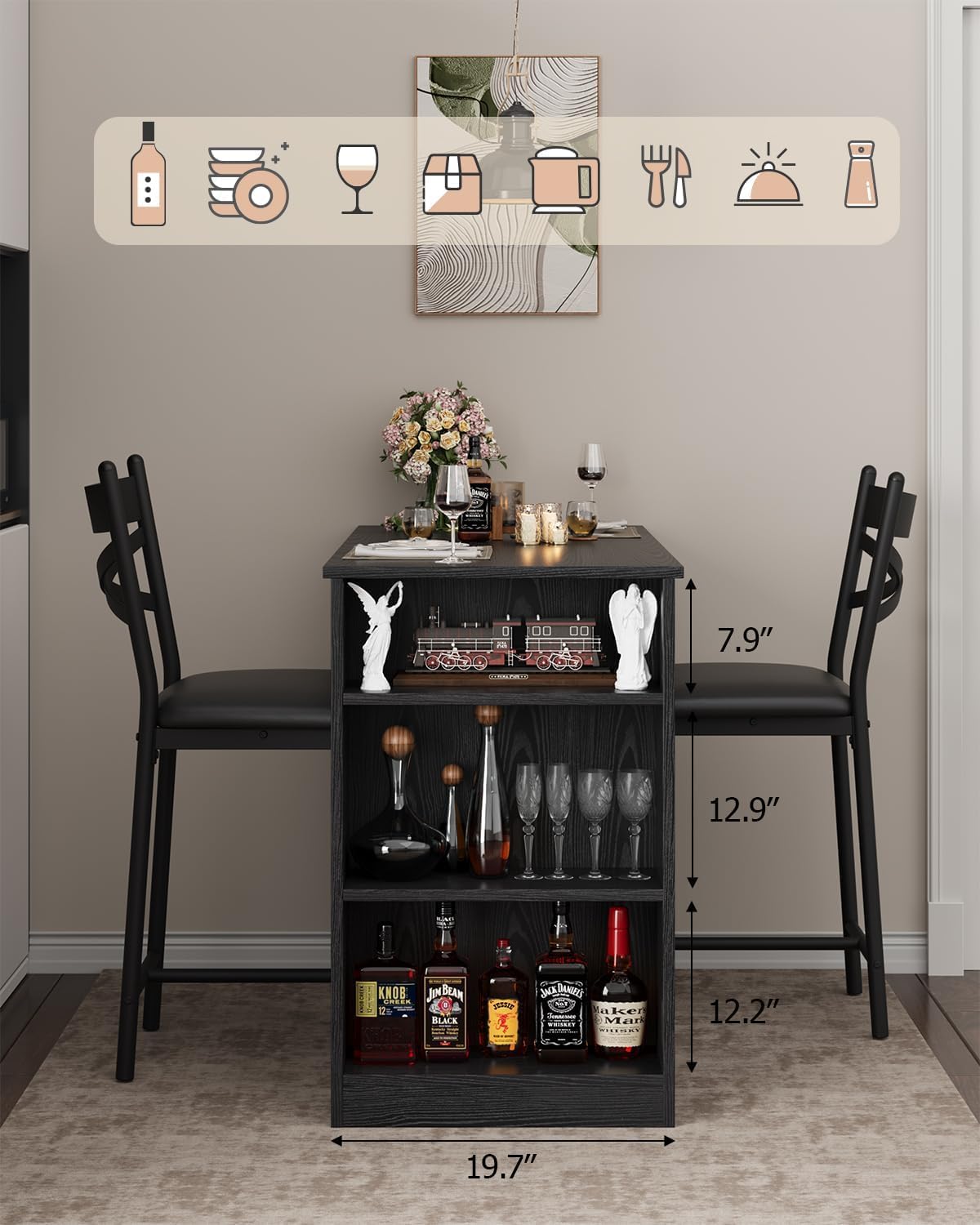 GAOMON 3 Piece Bar Table Set for 2, Bar Table and Chairs Set with with Flip Top Extension, Dining Table Set with Storage Shelves, Suitable for Small Space Kitchen Apartment, Black