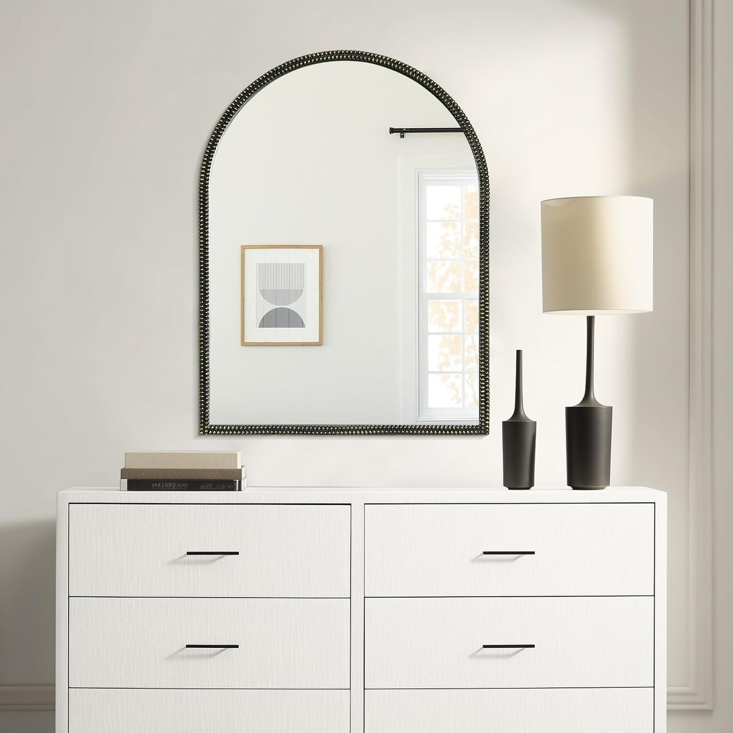 WallBeyond Black Vintage Mirror for Vanity 24x32 Inch, Gold Antique Mirror with Ornate Beaded Frame for Bathroom, Living Room, Fireplace, Entryway