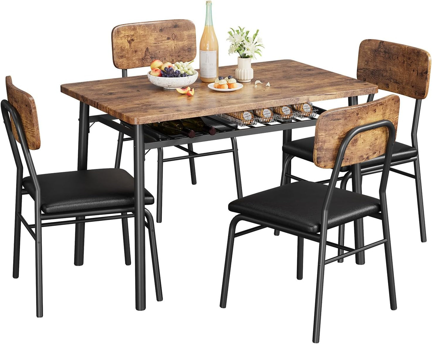 GAOMON 5-Piece Dining Table Set for 4, Wood Kitchen with Built-in Storage Rack,Small Kitchen Table with Upholstered Chairs and Metal Frame for Small Spaces, Retro Color