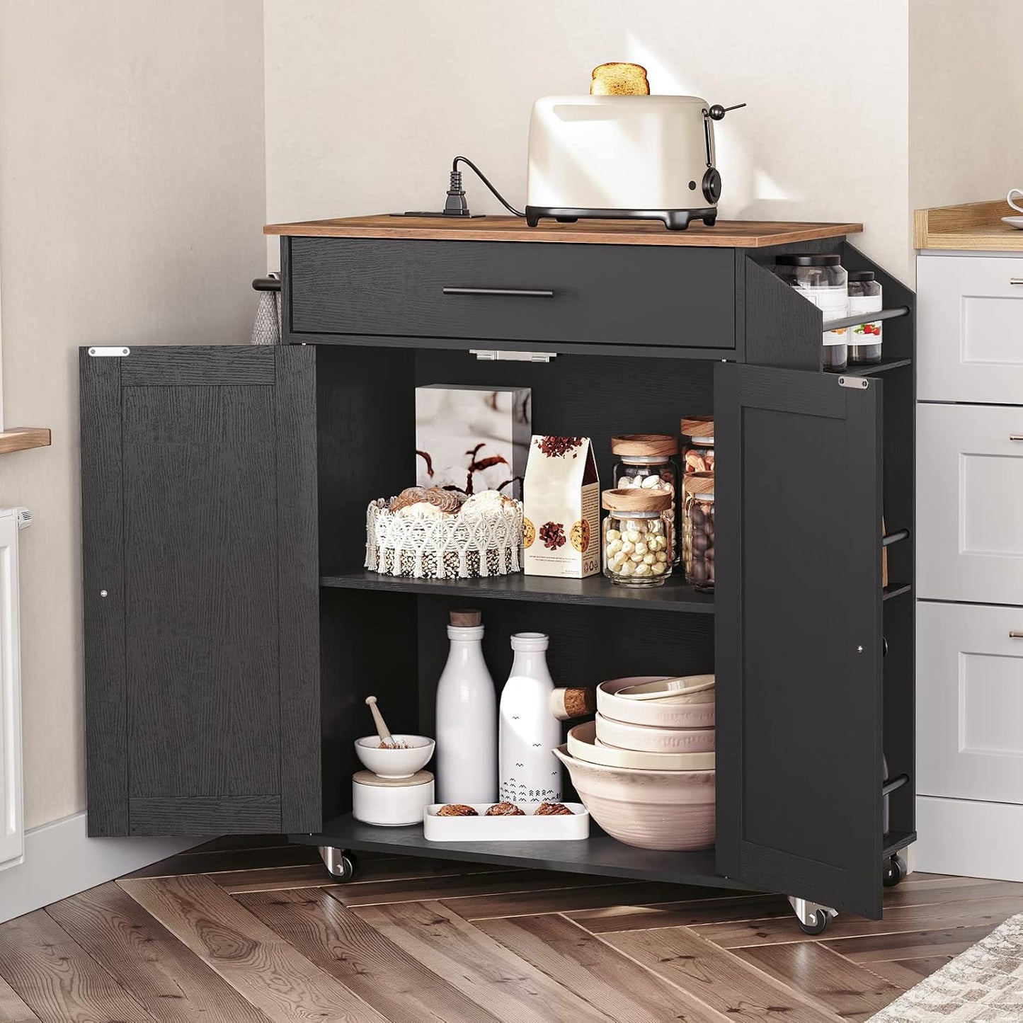 HOOBRO Kitchen Island with Power Outlet, Storage Island with Spice Rack and Drawer, Rolling Kitchen Cart on Wheels, for Home, Dining Room, Rustic Brown and Black