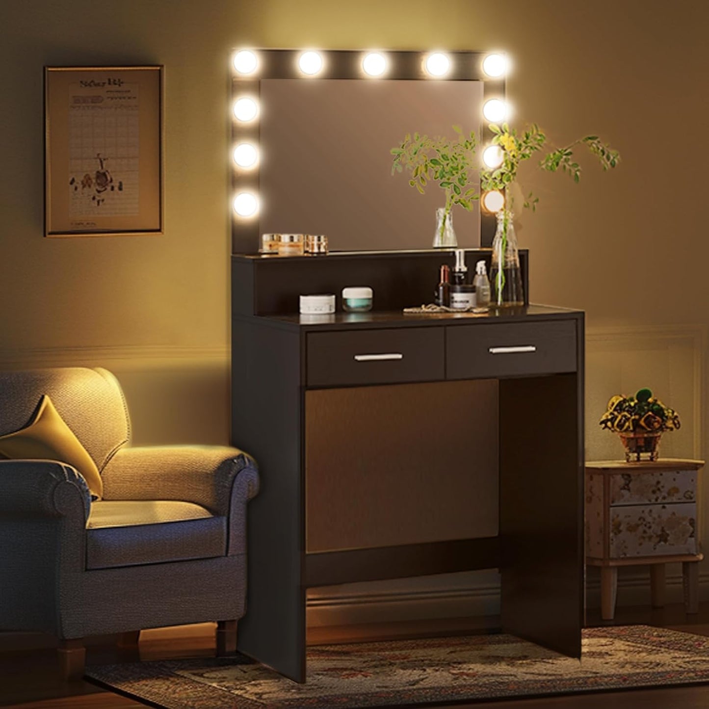 Vanity Desk with Mirror and Lights, Dressing Table with Large Drawer, 2 Level Storage Dresser & 3 Lighting Modes Adjustable Brightness, Suitable for Bedroom