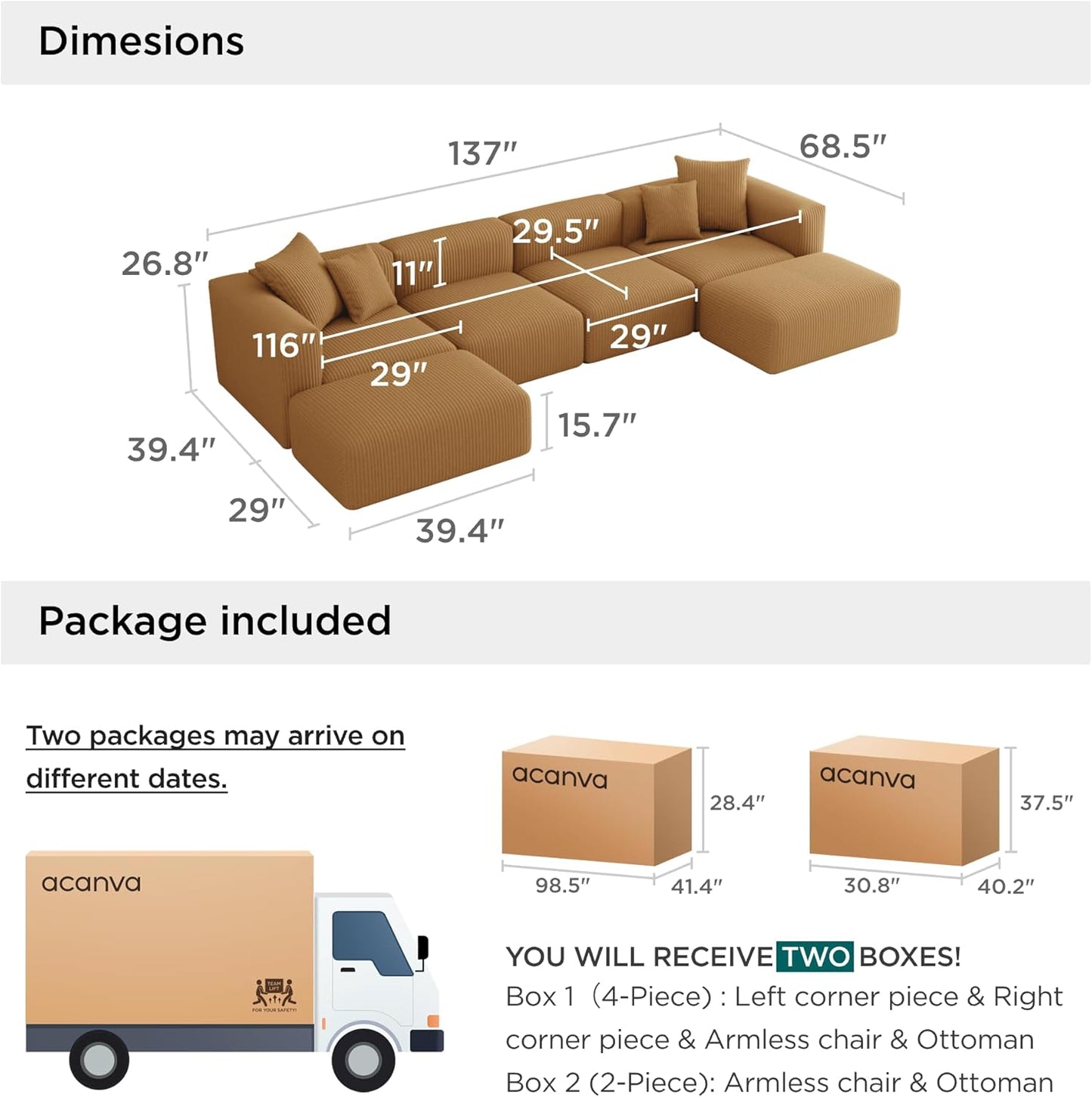 Acanva Convertible Modular Sectional Sofa with Movable Ottomans, Free Combination Corduroy Couch for Living Room Apartments, U-Shaped, Yellow