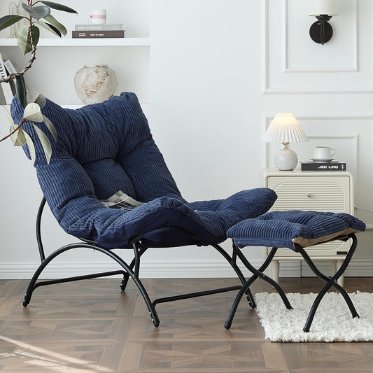 Welnow Accent Chair with Ottoman, Lounge Comfy Soft Leisure Metal Frame Reading Chair with Footrest, Upholstered Thick Cushion Seated Recliner Sofa for Living Room, Bedroom, Dorm, Navy