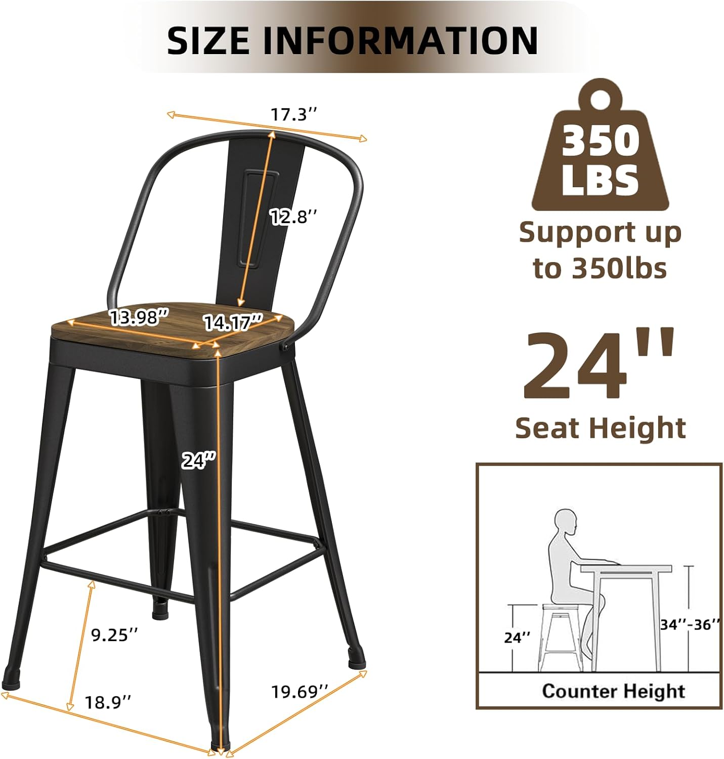 Metal Bar Stools Set of 4, High Back Bar Stools with Wooden Seat, 24 inch Black Barstools for Kitchen Island