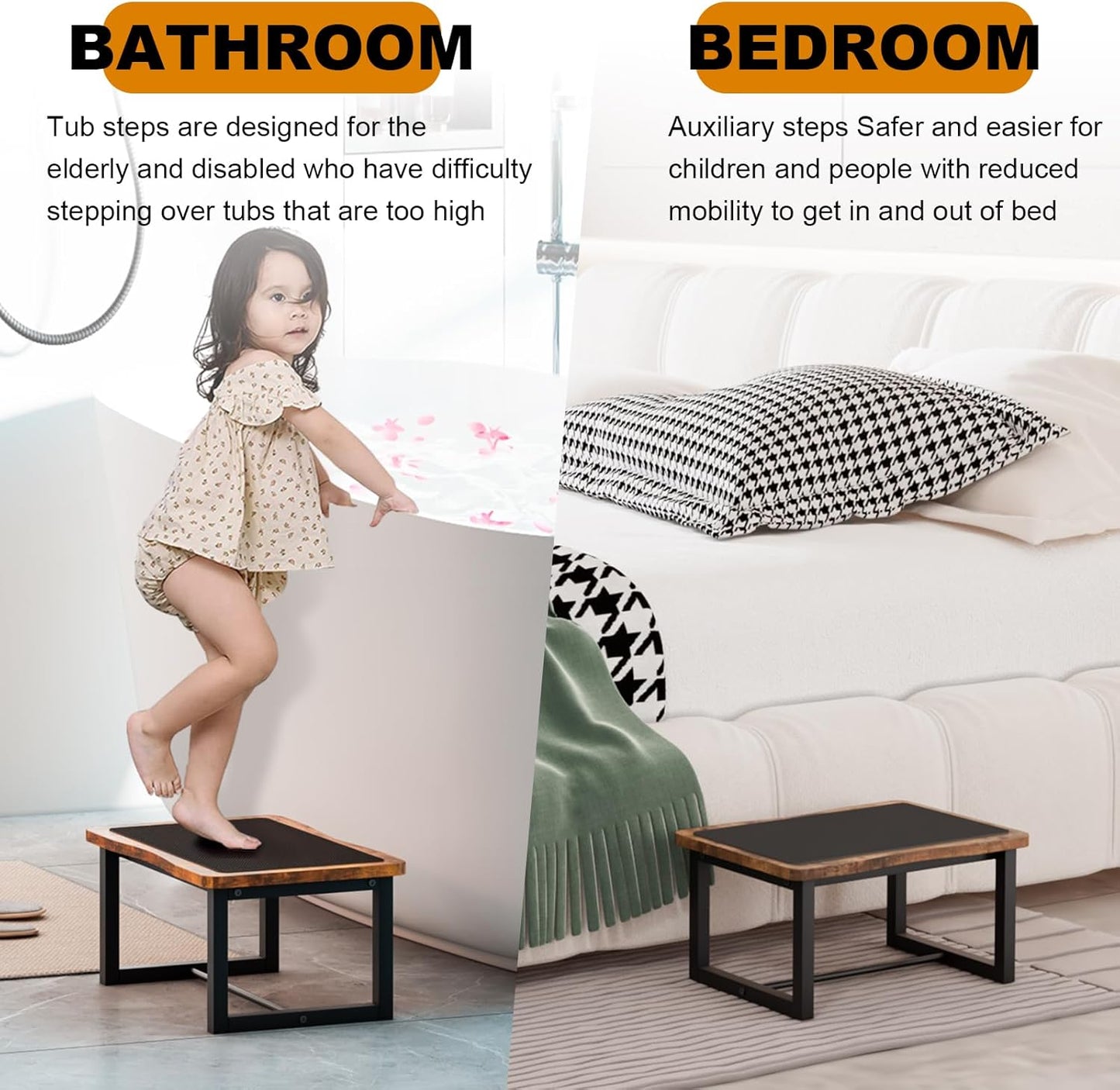 Wooden Step Stool with Non-Slip mat,Bed Steping Stool for Adult Hold up to 500lbs，Wood One Step for Kitchen, Bedroom, Living Room, Bathroom… (Brown)