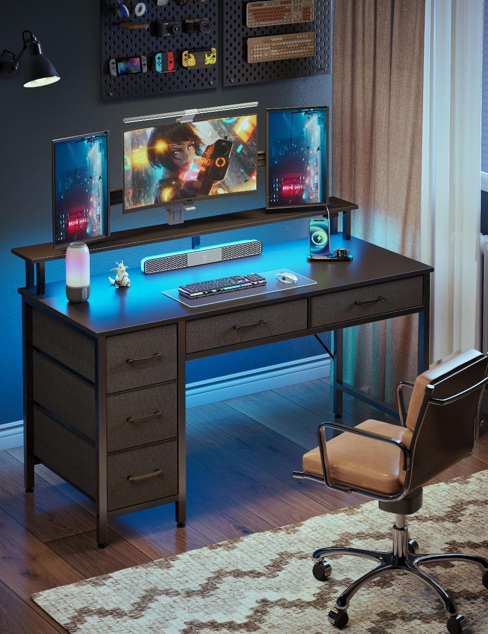 Seventable Computer Desk with Power Outlets & LED Light, 55 inch Home Office Desk with 5 Drawers, Writing Desk with Monitor Stand, Work Desk for Home Office, Black