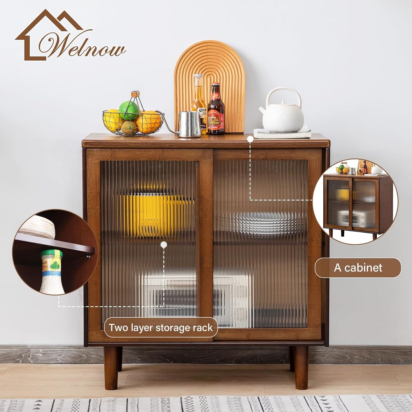 Welnow Buffet Cabinet, Bamboo Sideboard with Storage Kitchen Display Cabinet with 2-Tier Shelves Boho Coffee Bar Tables for Kitchen, Living Room, Entryway, Office, Walnut