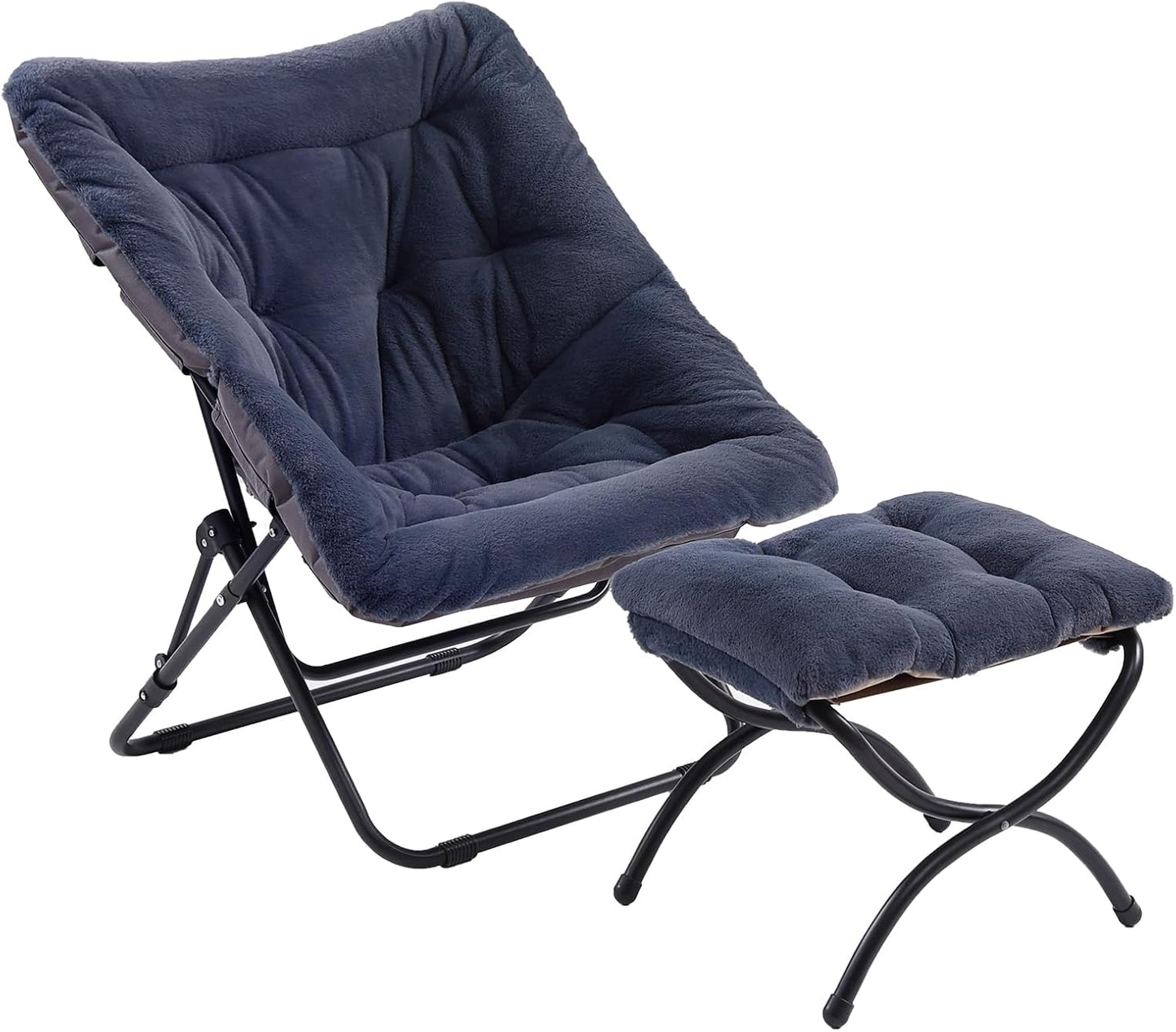 Comfy Folded Chair with Ottoman, Oversized Folding Faux Fur Chair Soft Furry Lounge Lazy Chair with Metal Frame Moon Chair Accent Chair for Bedroom, Living Room, Dorm Rooms