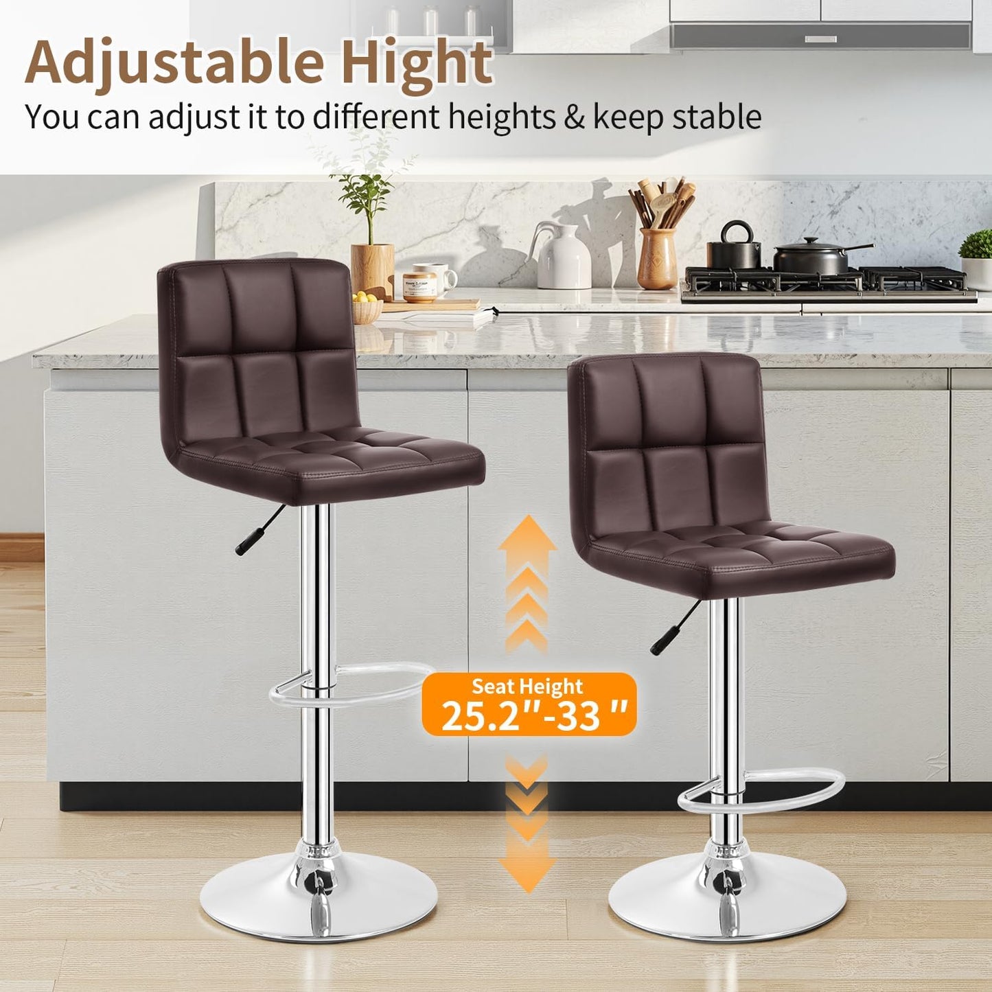 BestOffice Bar Stools Set of 2, Adjustable PU Leather Swivel Barstools, Modern Counter Stools with Back and Footrest, Counter Height Barstools for Bar, Kitchen and Dining Room