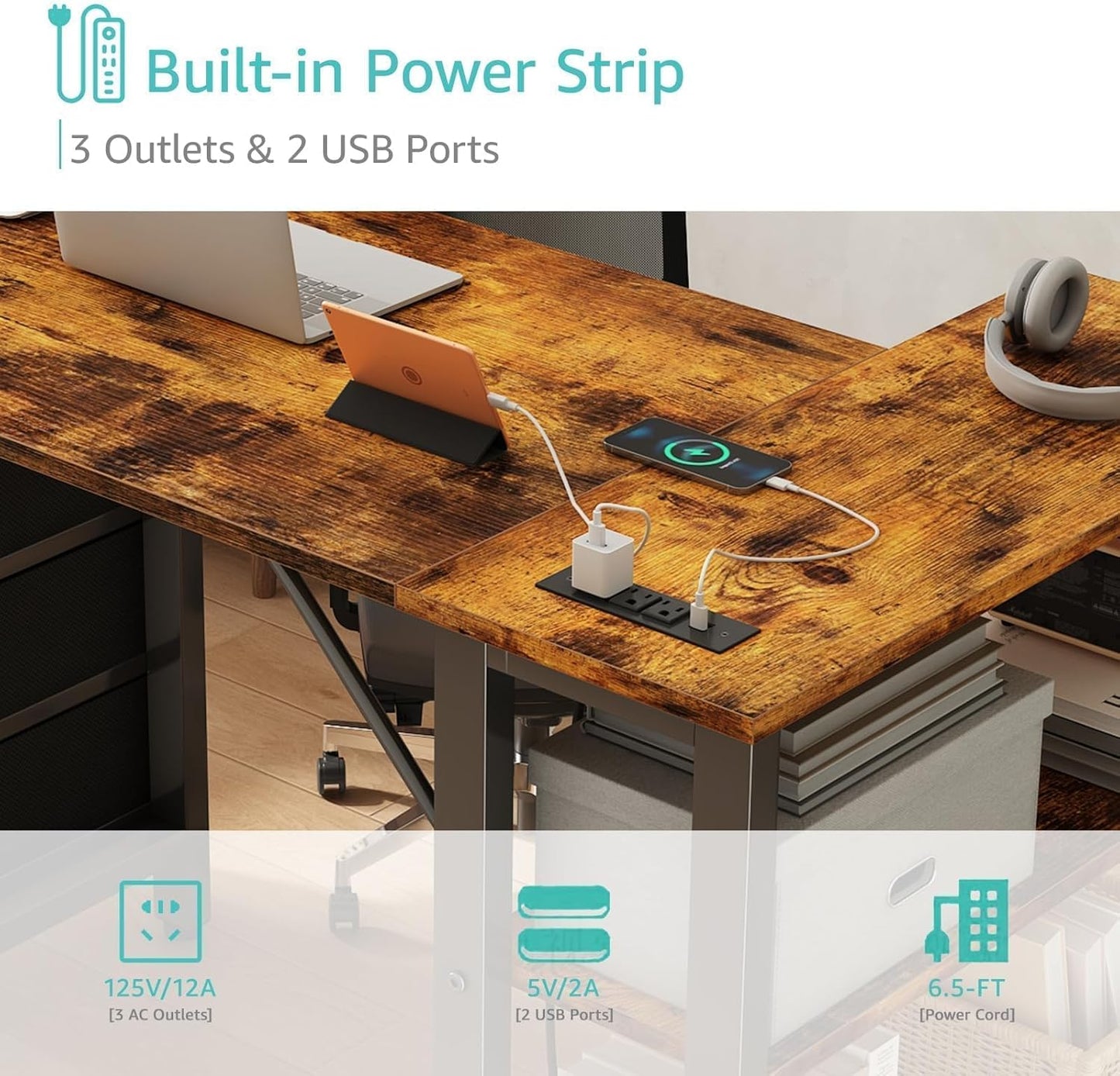 Lufeiya L Shaped Desk with Drawers & Storage Shelves, 47 Inch Small Reversible Corner Desk with Power Outlet for Home Office Bedroom, L-Shaped Gaming PC Computer Desks with Fabric Drawer, Rustic Brown