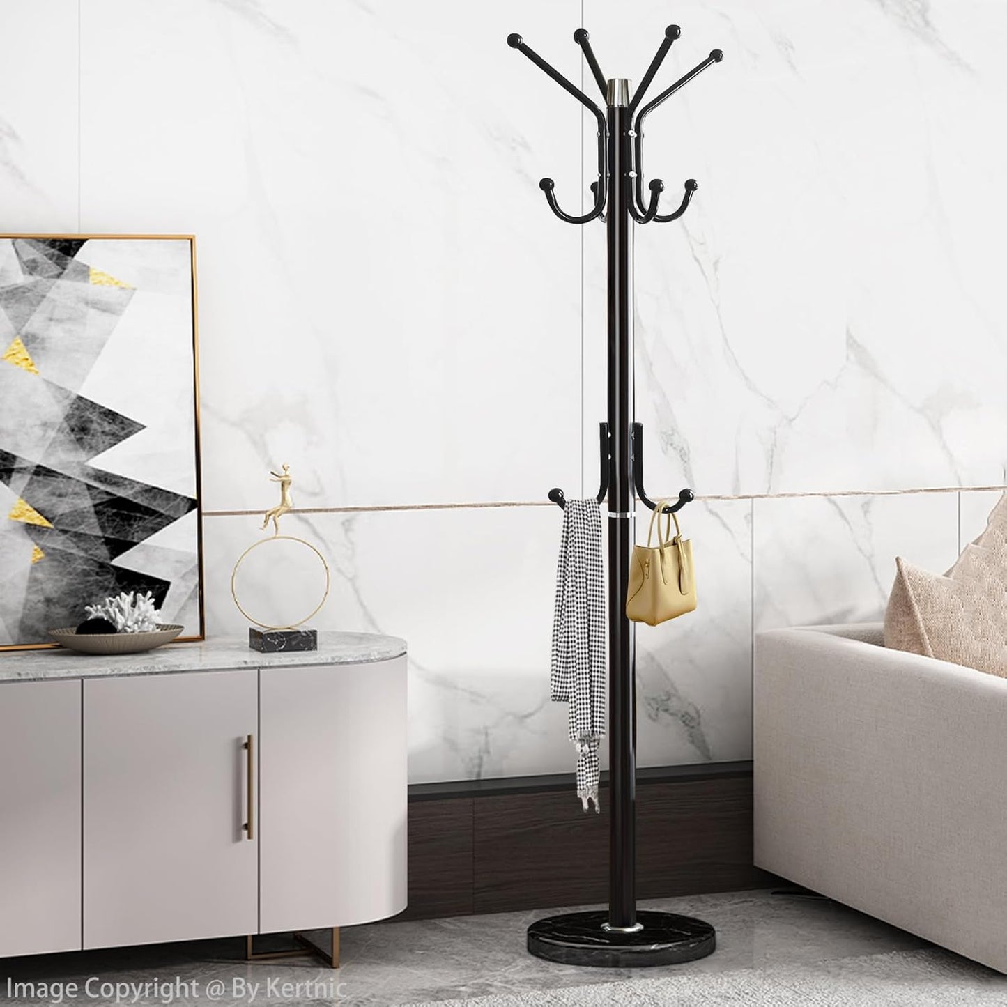 Kertnic Modern Coat Rack Freestanding with Natural Marble Base & Sturdy Metal Frame, 11 Hooks Hall Tree for Jackets, Hats, Bags, Entryway Organizer for Bedroom, Living Room, Closet (Black)