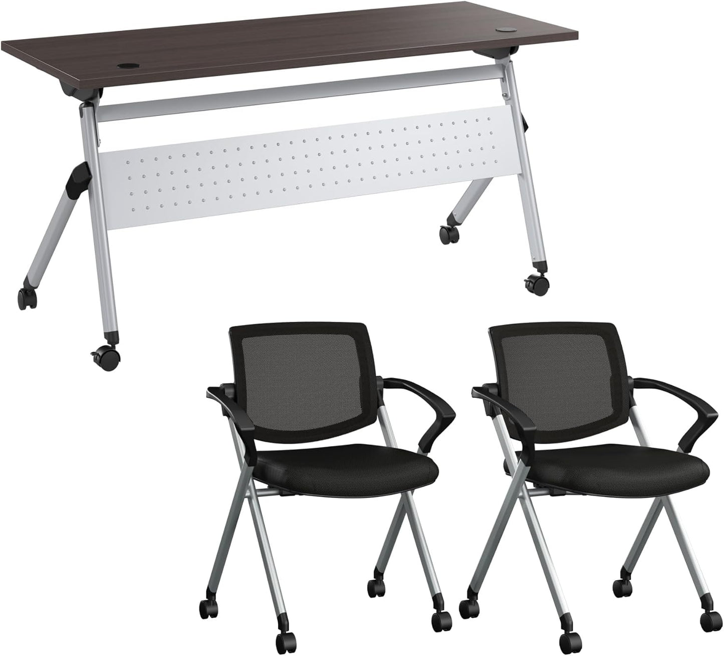 Bush Business Furniture Folding Training Table Set for 2, 60 inch, 2 Mesh Back Folding Chairs with Arms, Commercial-Grade Bundle for Office or Classroom, Envision Collection, Gray