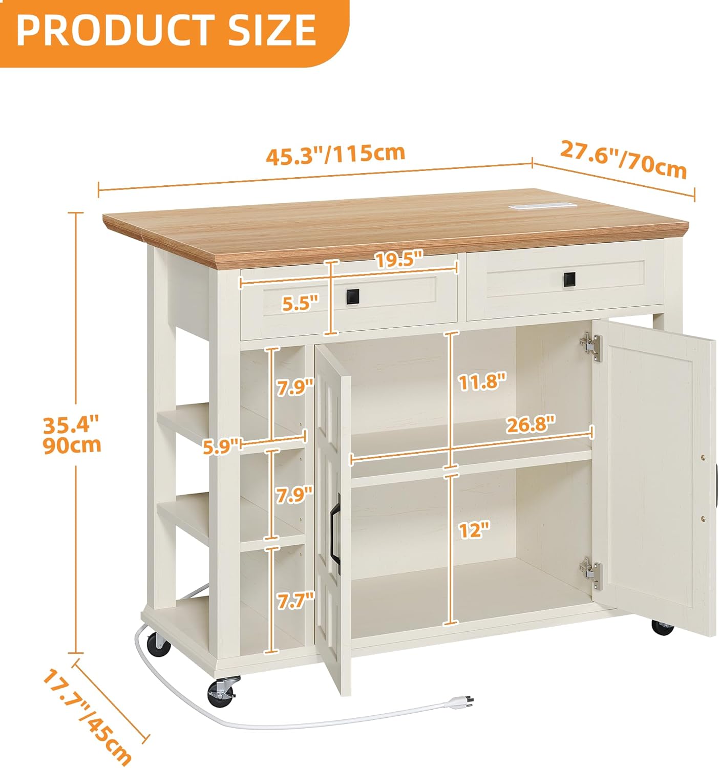 DWVO Rolling Kitchen Island with Drop Leaf, Mobile Storage Islands with Power Outlet Foldable Tabletop, 2 Drawers and Open Shelves, for Living Room, Dining Room, Off White