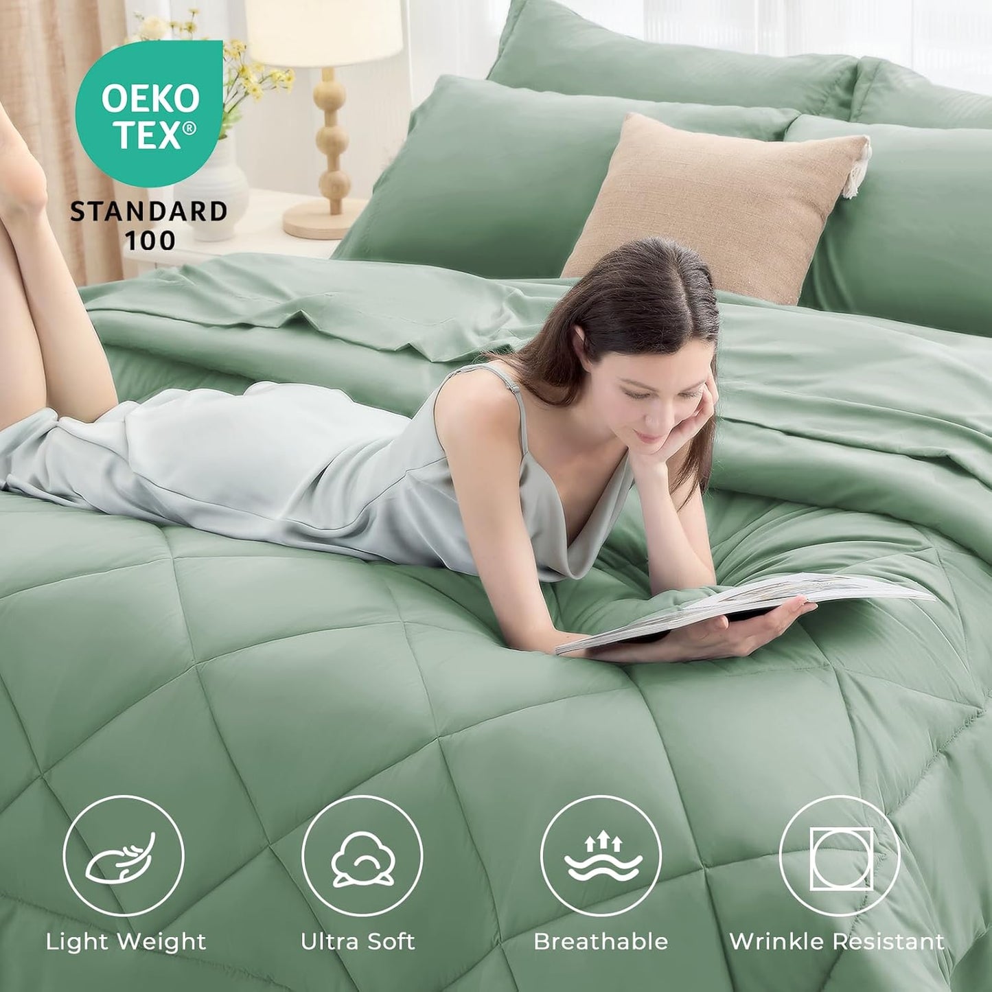 HEVUMYI Light Green Queen Comforter Set - 7-Piece All Season Bed in a Bag Queen, Ultra Soft Bedding Set with Comforter, Flat Sheet, Fitted Sheet, Pillowcases, Pillow Shams