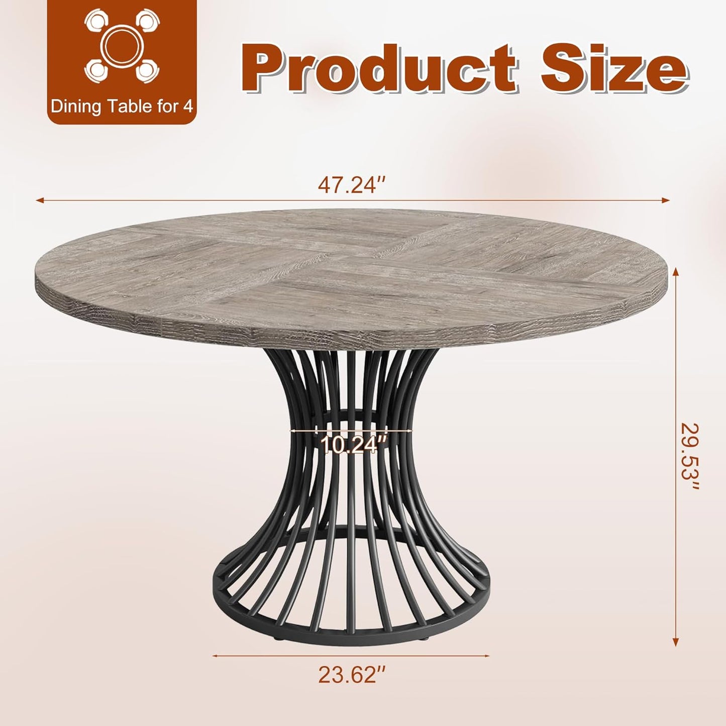 Round Dining Table for 4, 47-Inch Farmhouse Dinner Table Wooden Circle Kitchen Tables with Metal Base for Dining Room, Kitchen, Living Room, Grey and Black