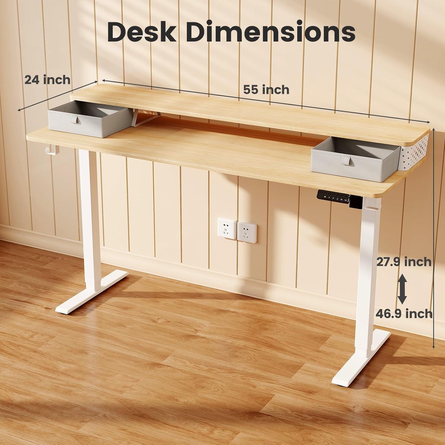 Standing Desk with Drawers and Brushless Motor,Electric Height Adjustable Desk for Walking Pad,Ergonomic Stand Up Desk for Home Office & Gaming,3 Memory Height Preset & Hooks(55" x 24",Oak)
