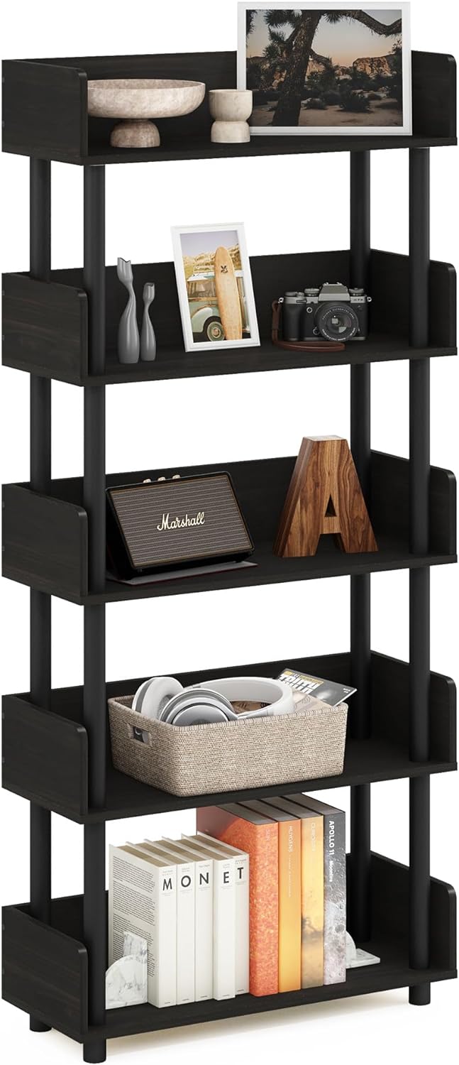 Furinno Turn-N-Tube 5-Tier Multipurposes Display Rack, Open Shelf Rack/Storage with Back & Side Panel, Espresso