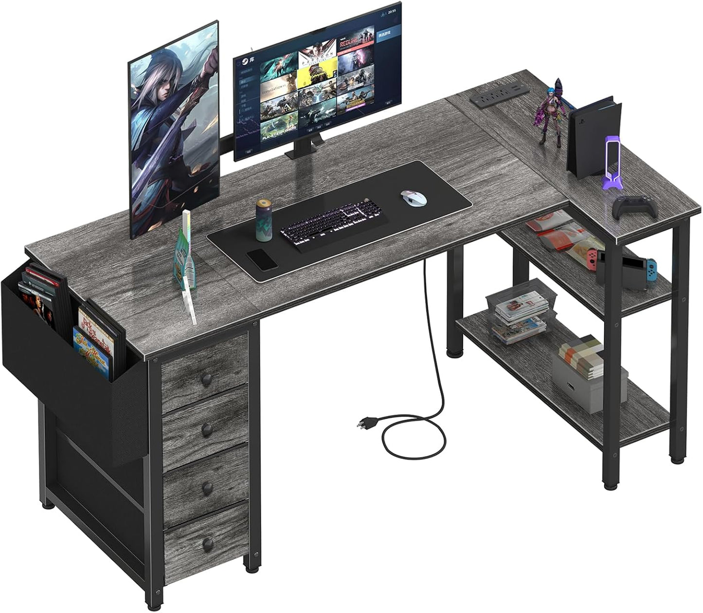Lufeiya L Shaped Gaming Desk with Drawers & Storage Shelves, 55 Inch Corner Computer Desk with Power Outlet for Home Office Bedroom, L-Shaped Teen PC Desks with Fabric Drawer, Gray