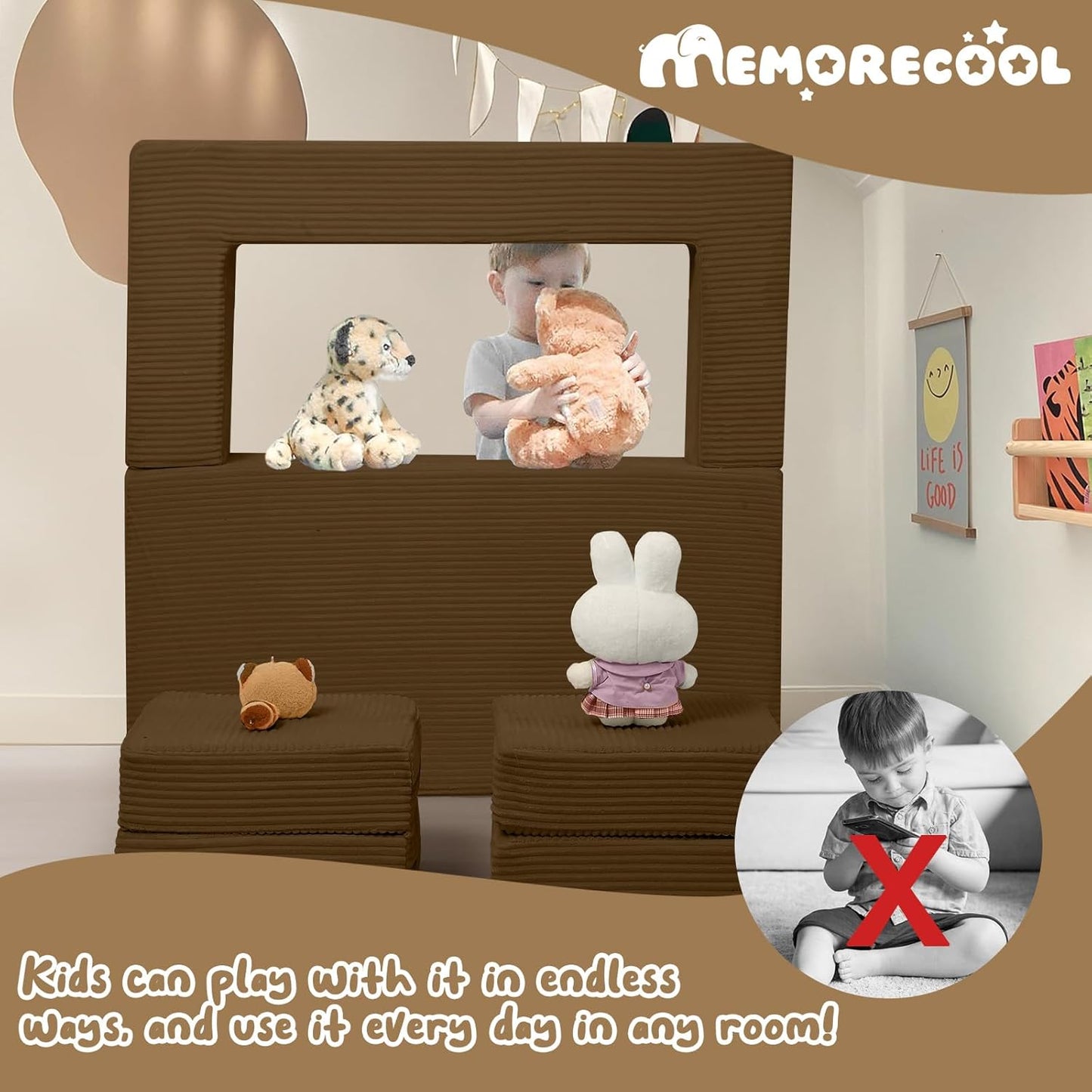 MeMoreCool Modular Kids Couch, Corduroy Play Toddler Couch for Bedroom Playroom Furniture, Convertible Foam Kids Sofa Bed, Fold Out Baby Sofa for Girl Boy, Brown