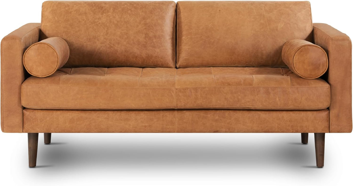 Poly & Bark Napa Leather Couch - 72 Inch Apartment Sofa with 2 Bolsters - Full-Grain Leather Sofa for Living Room with Feather-Down Topper - Living Room Couch - Vintage Italian Leather in Cognac Tan