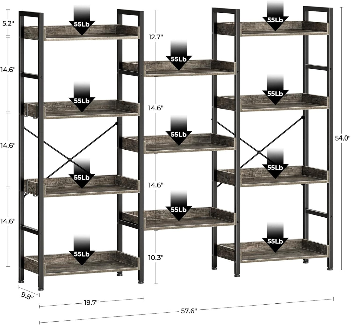 Rolanstar Bookshelf 4 Tiers with 4 Hooks, Triple Bookcase with Open Display Shelves, Industrial Wide Bookshelf with Metal Frame for Living Room, Office, Grey