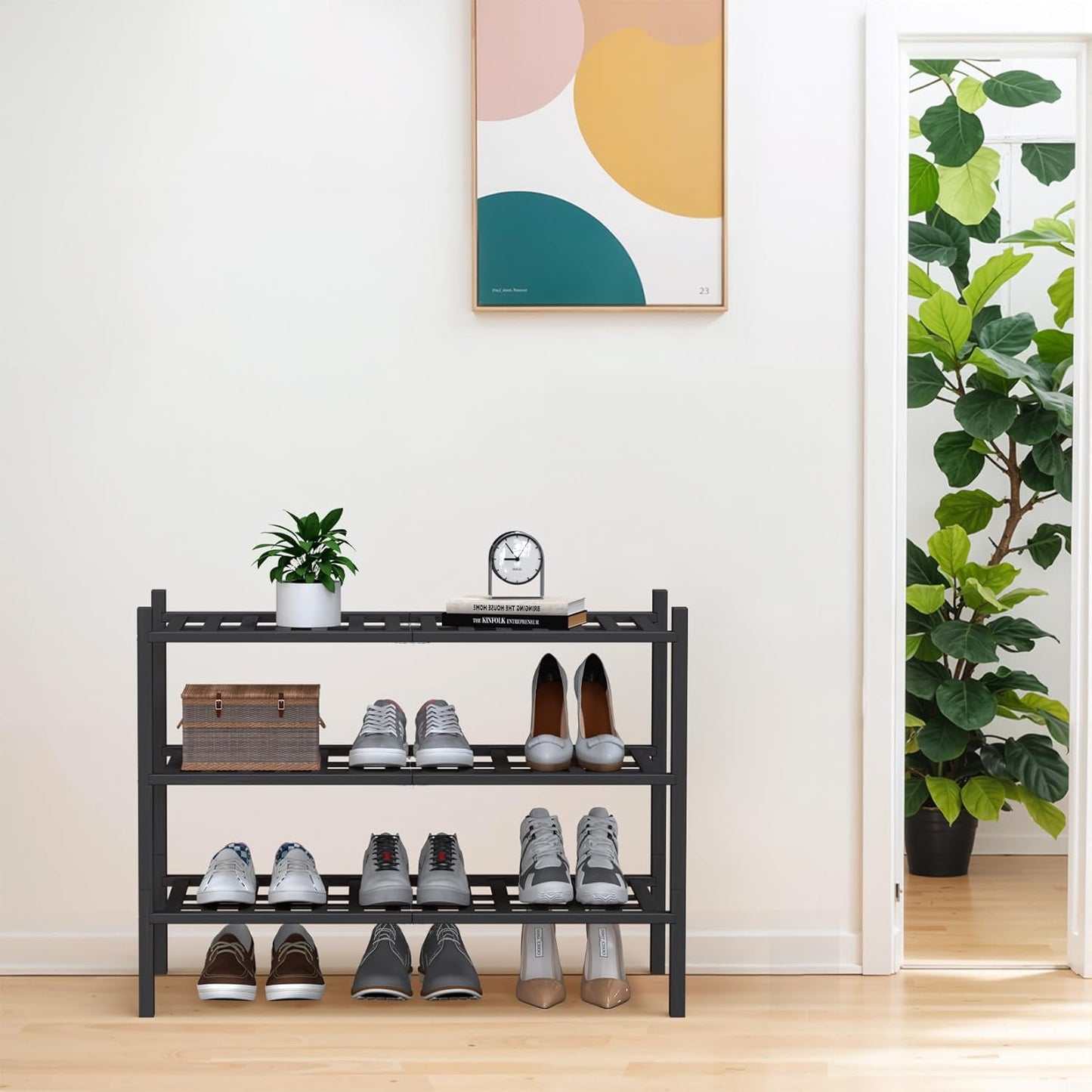 Haddockway Large 3 Tier Bamboo Shoe Rack Storage Organizer, Multifunctional Free Standing Stackable Shoe Shelf with Grid Panel for Closet,Hallway,Entryway,Small Space 27"x12"x21"(Black, 3-Tier(Large))