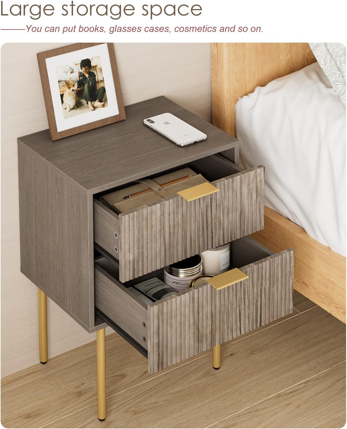 Nightstand,Small Bedside Table with Gold Frame,Morden Night Stand with 2 Drawer,End Table,Side Table with Drawer and Shelf for Bedroom,Living Room (Grey-2Drawer)