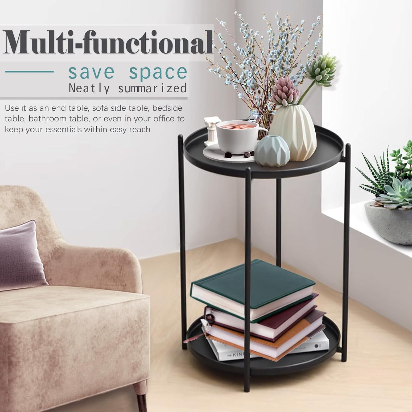 Round Side Table, 2-Tier Small Round Table, Round end Table, Nursery Side Table, with Removable Tray, for Room, Bedroom, Balcony, Living, Sofa, Kitchen, and Office