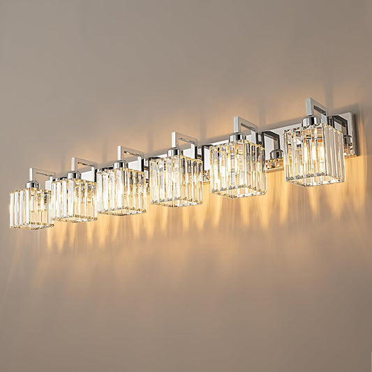 Modern Bathroom Vanity Light 6-Lights Chrome Crystal Wall Lamp Bathroom Modern Crystal Vanity Lighting