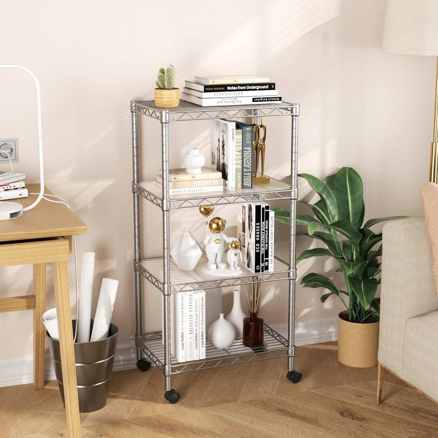 SINGAYE 4 Small Shelves Storage Shelf Wire Shelving Unit Metal Shelf Adjustable Organizers Storage Shelving with Wheels for Bathroom Laundry Room Kitchen Pantry