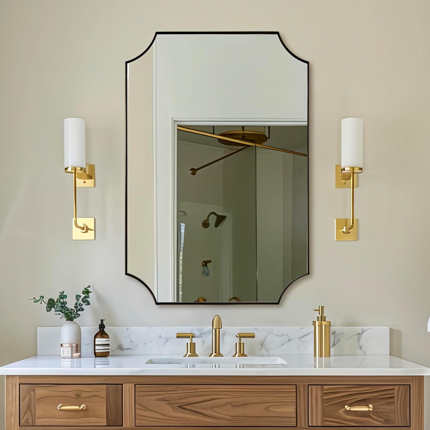 ANDY STAR Brushed Bronze Bathroom Mirror, 24x36 Inch Scalloped Mirror for Bathroom, Antique Bronze Rectangular Mirror with Premium Stainless Steel Metal Frame, Thin Frame Deep 1"