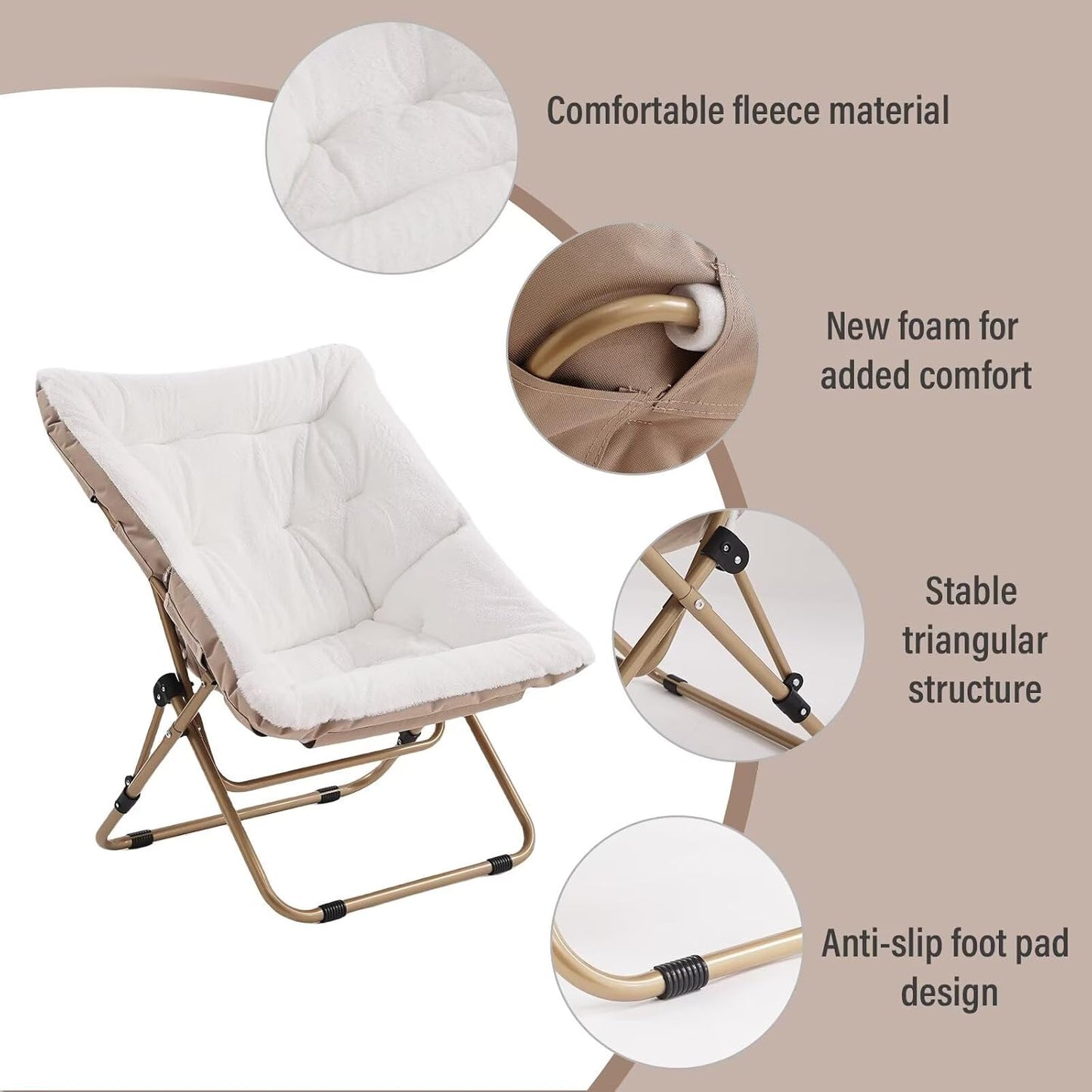 Tiita Comfy Folded Chair, Soft Faux Fur Oversized Folding Accent Chair, Lounge Lazy Chair for Kids Teens Adults, Metal Frame Moon Chair for Bedroom, Living Room, Dorm Rooms