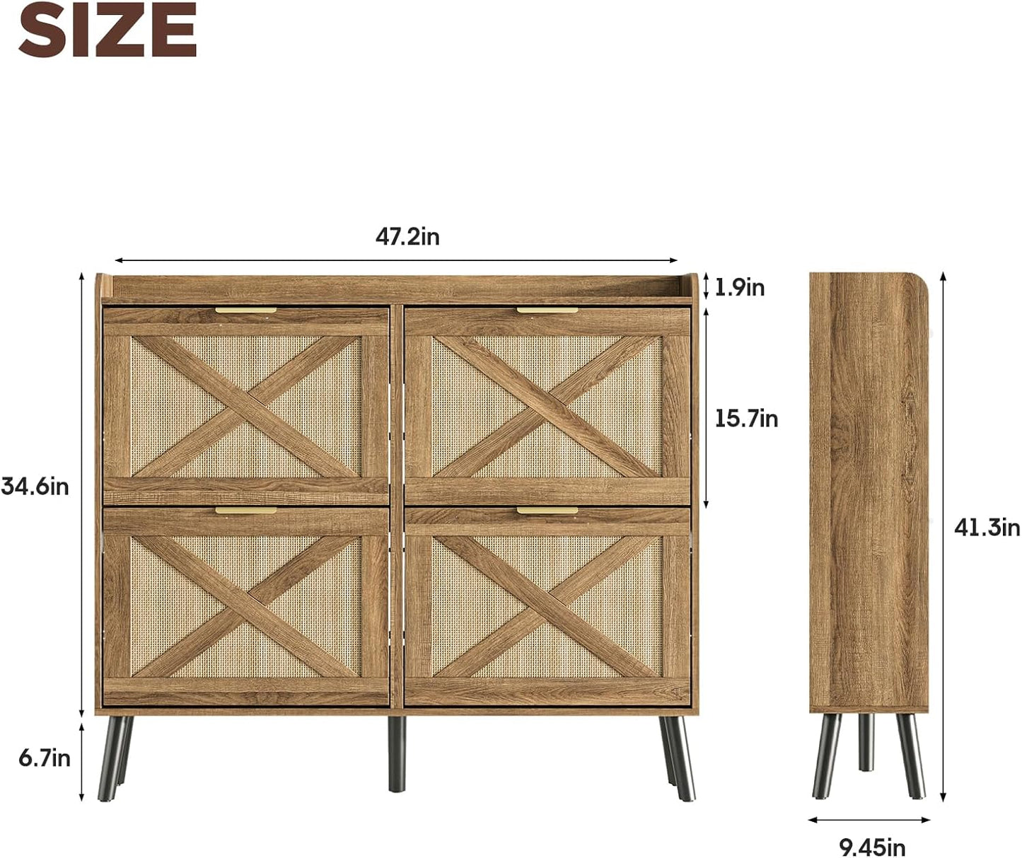 Maupvit Large Shoe Storage Cabinet with 4 Flip Drawers, Narrow Shoe Cabinet for Entryway with Wooden Legs, Freestanding Hidden Shoe Rack Organizer ＆ Metal Hinges, Rustic Oak Rattan