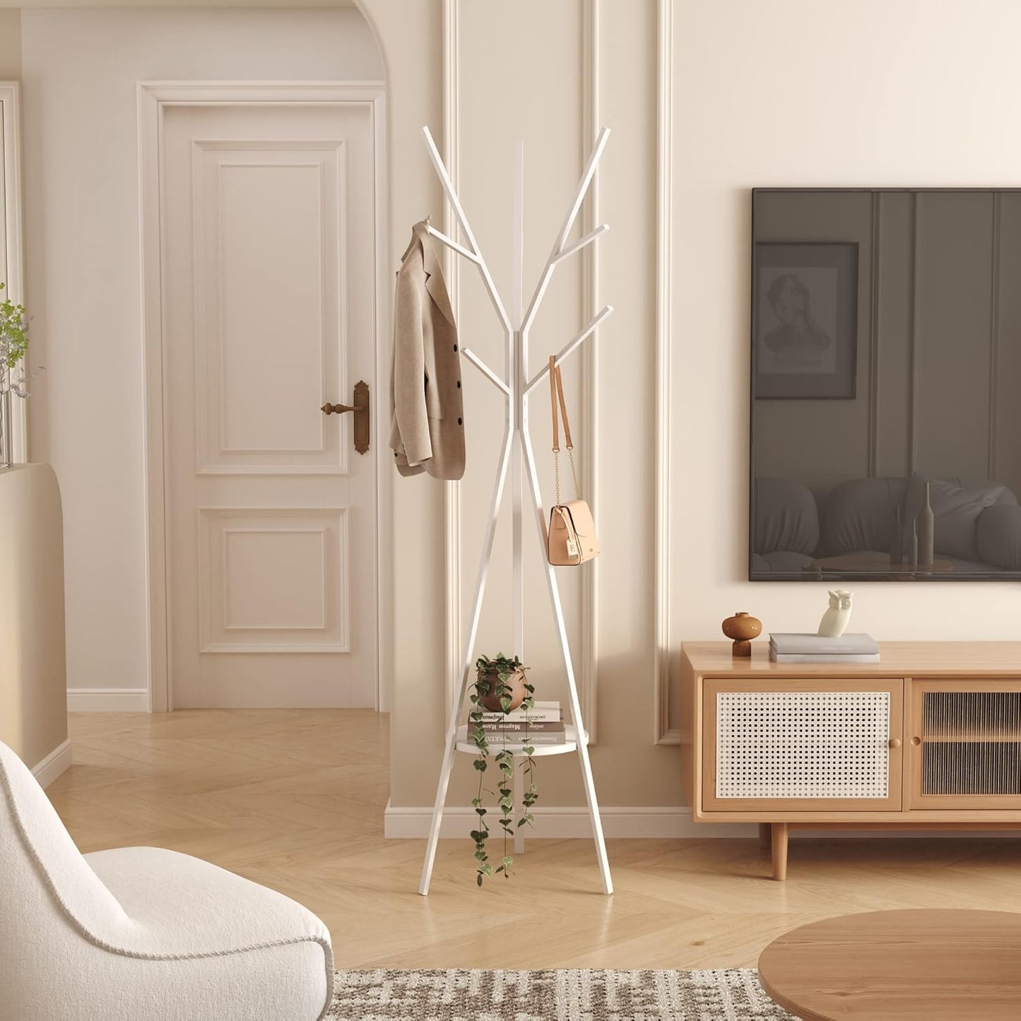 Coat Rack Hat Stand Free Standing Display Hall Tree Metal Hat Hanger Garment Storage Holder with 9 Hooks for Clothes Hats and Scarves in Black,17.72"Wx17.72"Dx70.87"H (White)