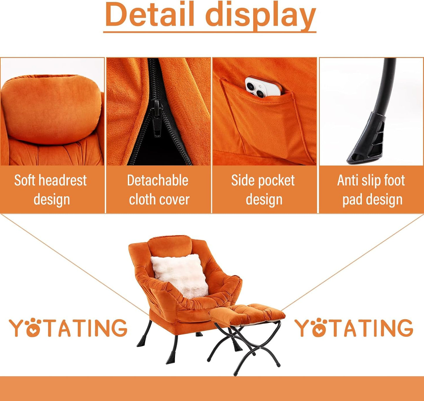 Lazy Chair with Ottoman, Comfy Reading Chair with Footstool & Throw Pillow Modern Lounge Accent Chair with Armrests & Side Pocket for Living Room, Bedroom, Dorm Room, Office