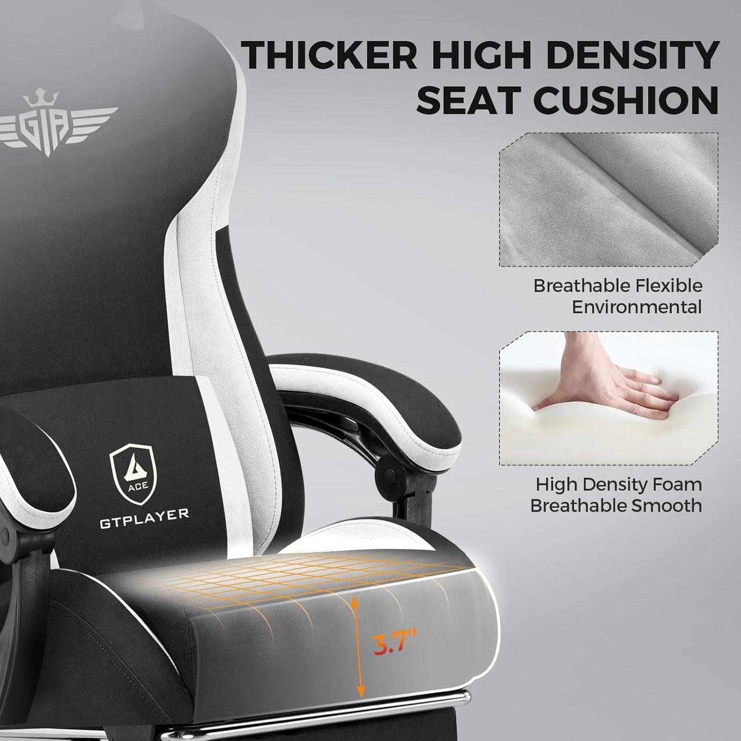 GTPLAYER Gaming Chair Fabric with Footrest, Big and Tall Game Chair High Back Computer Office Chair with Lumbar Support for Adults, Ergonomic Swivel Games Chair with Cushion Gaming Black