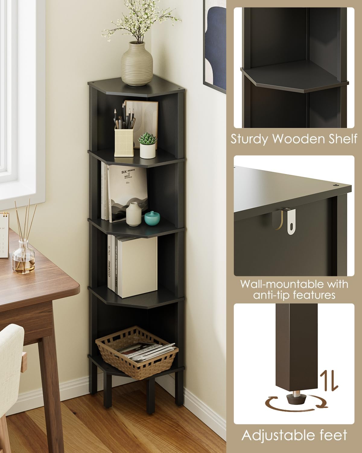 Corner Shelf, 5 Tier Corner Bookshelf，Wall Corner Bookshelf for Small Space,Display Corner Shelf Stand with Storage Rack for Living Room,Bedroom,Office,Black
