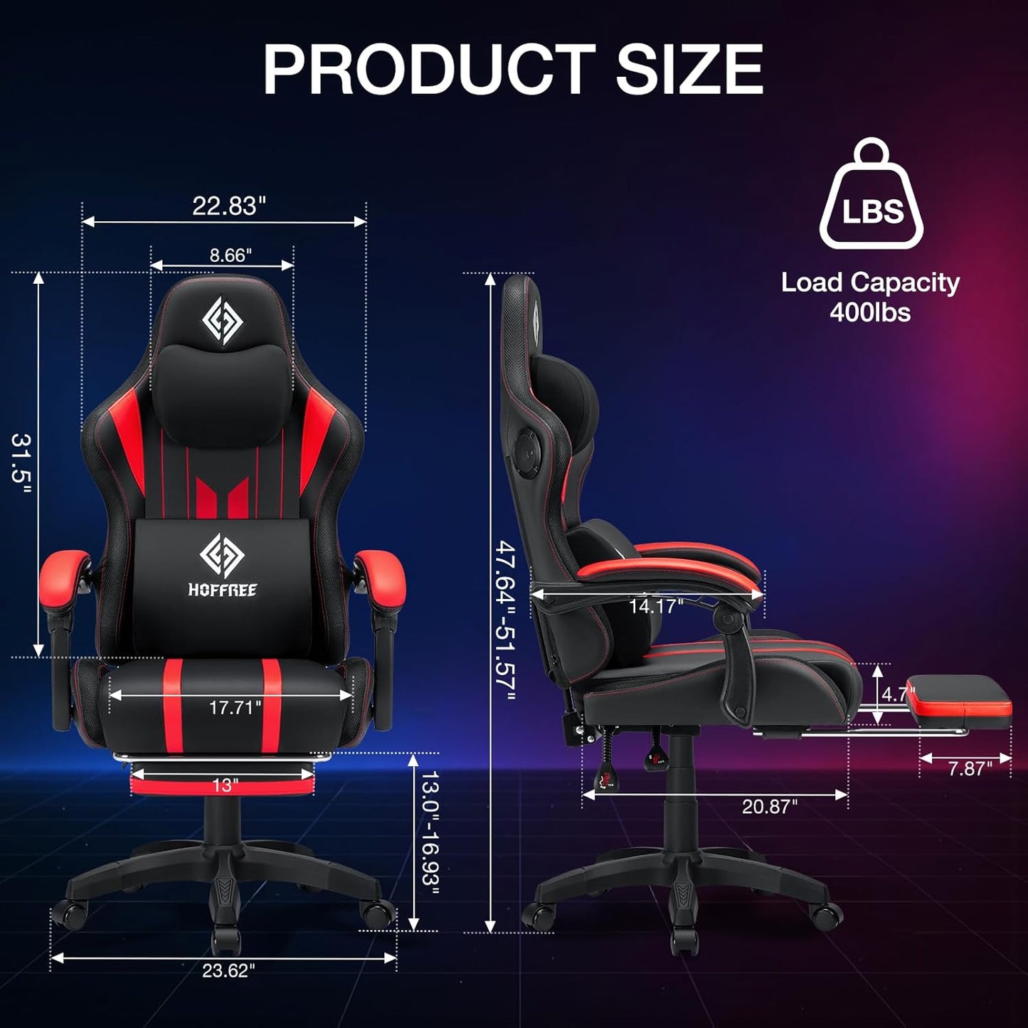 HOFFREE Gaming Chair with Music Rhythm RGB LED Lights and Bluetooth Speakers Ergonomic Massage Computer Gaming Chair with Footrest Video Game Chair High Back with Lumbar Support Red and Black