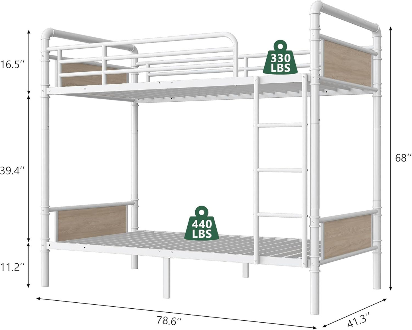 Metal Bunk Bed Twin Over Twin, Industrial Bunkbeds Heavy Duty Bed with Safety Guard Rails and Space-Saving Design, Steel Bed for School, Bedroom (White)