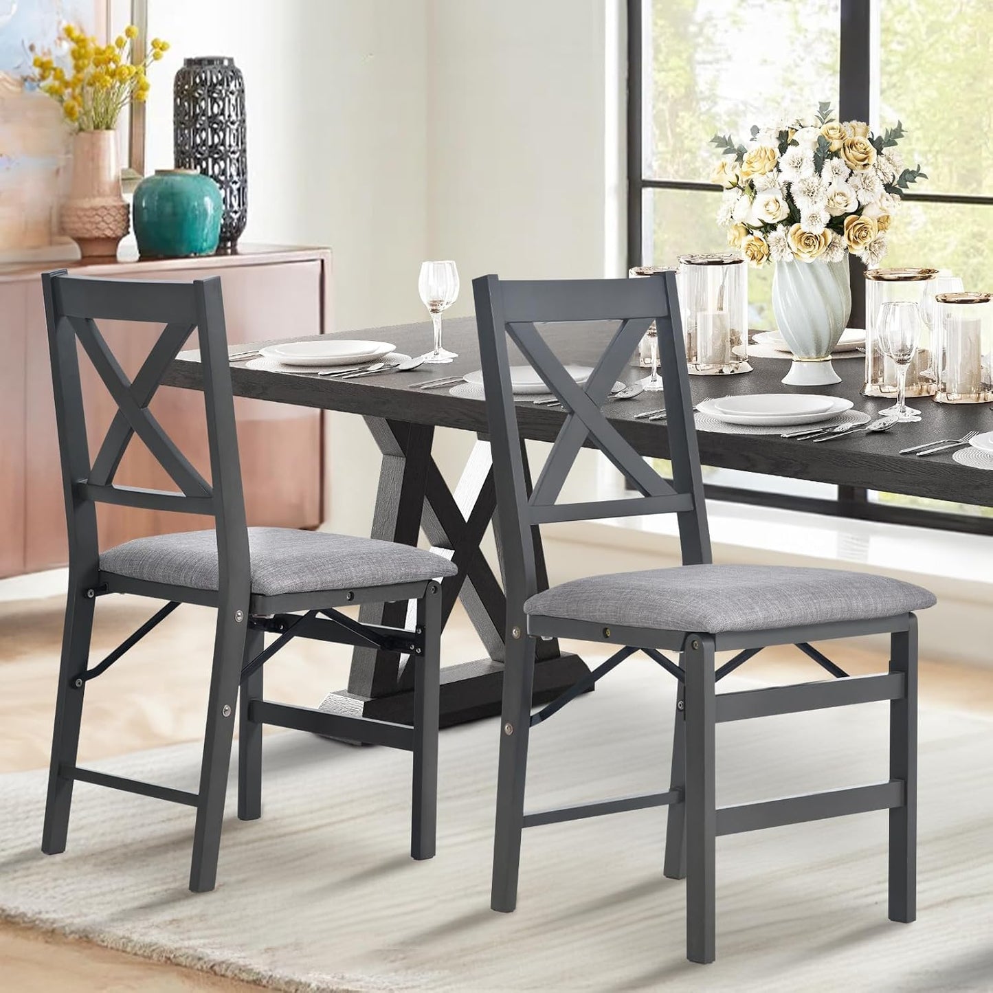 COLAMY Folding Dining Chairs Set of 4, Foldable Chairs with Padded Seats, Wood Folding Dining Room Chairs for Kitchen, Party, Camping, Dark Grey