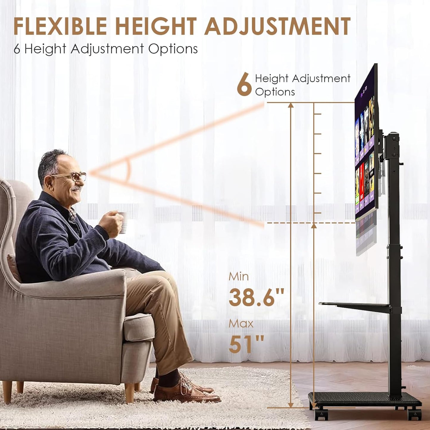 Mobile TV Stand with Wheels, Swivel Rolling TV Stand for 32-75 Inch TVs with Shelf, Landscape to Portrait, Height Adjustable Portable TV Cart with Tilt, VESA 600x400mm, 110lbs Capacity