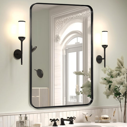 Wall Mount Mirror for Bathroom, Brushed Black Metal Framed Rounded Corner Rectangular Vanity Mirror (24" x 36", Black)