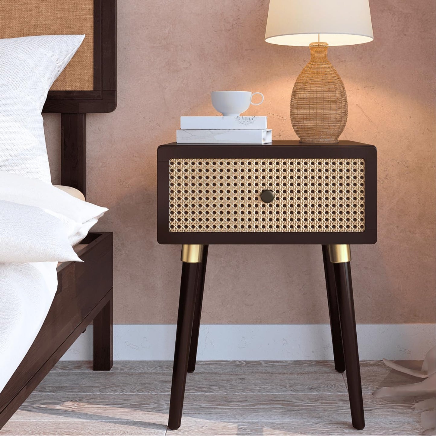 Bme Nipe Solid Wood and Rattan Nightstand, Fully Assembled, Woven Cane End Table, Bedside Table for Modern Bedroom, Boho Living Room with Tall Wood Legs Large Storage 1-Drawer, Walnut