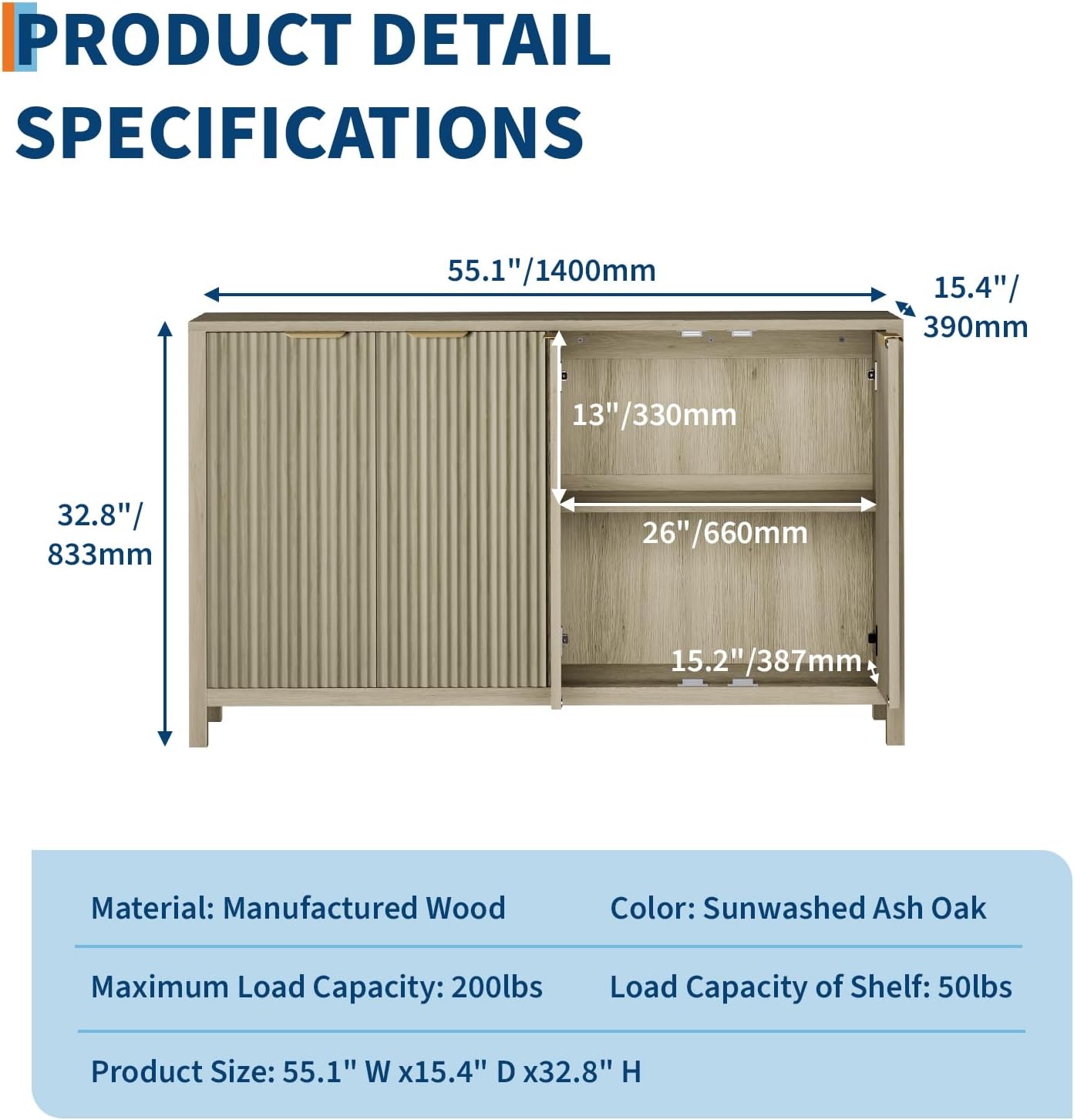 Buffet Cabinet with Storage, 55" Sideboard with 4 Doors and Adjustable Shelves, Modern Credenza Buffet Table Media Console for Dining Room Living Room Entryway, Oak