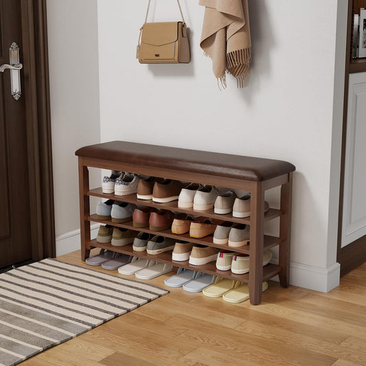 Shoe Bench with Leather Cushion, 3 Tiers Shoe Storage Bench Height Adjustable, Walnut Wood Entryway Bench for Hallway, Mudroom