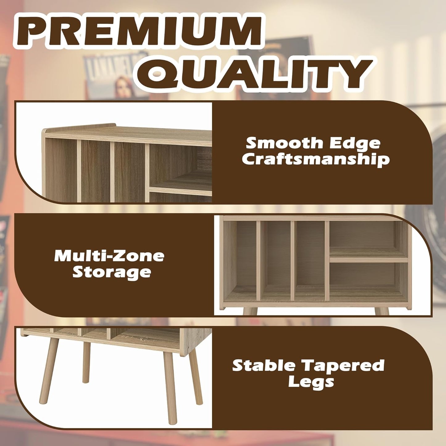 Record Player Stand with Vinyl Storage, Wooden Record Player Table with 5 Cabinet, Large Vinyl Record Player Stand, Record Player Holder, Record Player Shelf for Office Living Room, White Oak